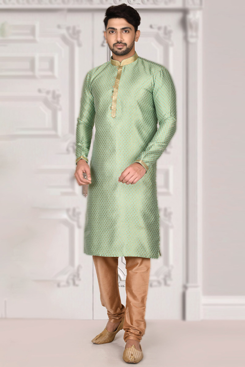 Pistachio Green Jacquard Men Kurta With Churidar