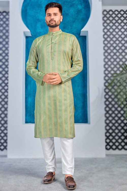 Buy Side Slit Green Punjabi Kurta Pajama Online for Men in USA
