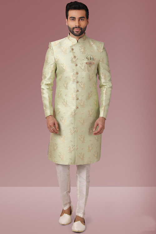 Pistachio Green Jacquard Straight Cut Woven Zari Men Sherwani