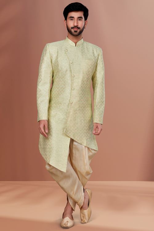 Pistachio Green Jacquard A Line Men Sherwani with Zari embroidery
