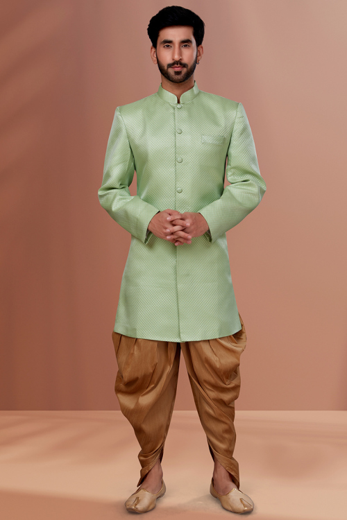 Pistachio Green Traditional Jacquard Men Sherwani for Mehndi