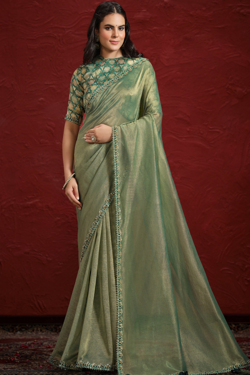 Pistachio Green Lace Embellished Ready Made Shimmer Chiffon Saree