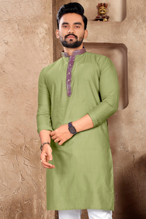Pistachio Green Linen Placket Lace Straight Cut Men Kurta 
