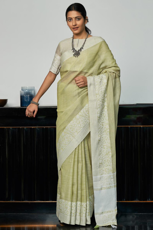 Off white online linen saree online