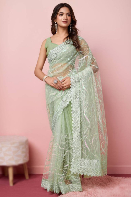 Elegant Pistachio Green Net Embroidered Light Weight Saree