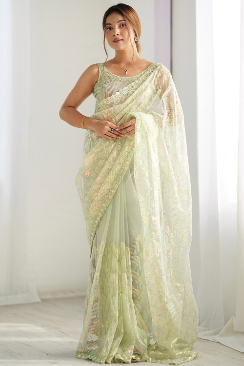 Pistachio Green Net Embroidered Light Weight Saree 