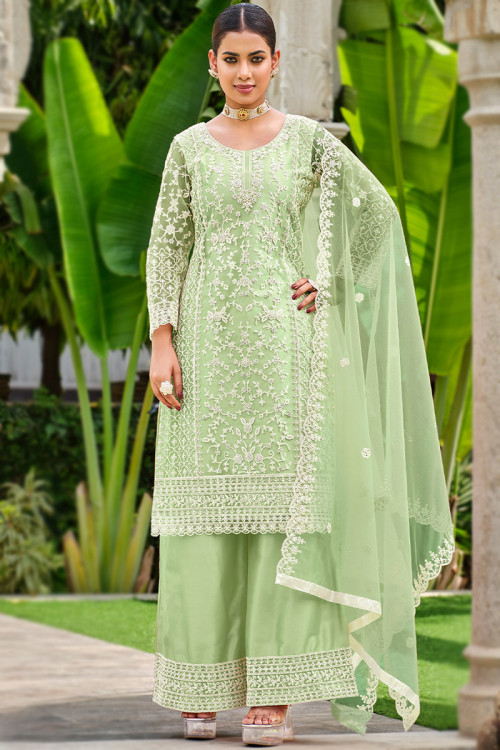 Pistachio Green Net Embroidered Straight Cut Palazzo Suit 