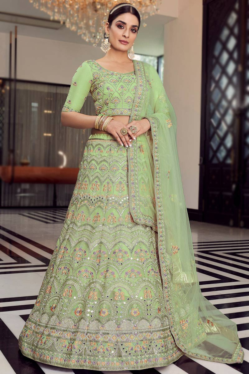 Pistachio Green Organza Embroidered Lehenga