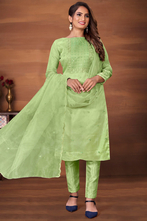 Pistachio Green Organza Embroidered Trouser Suit