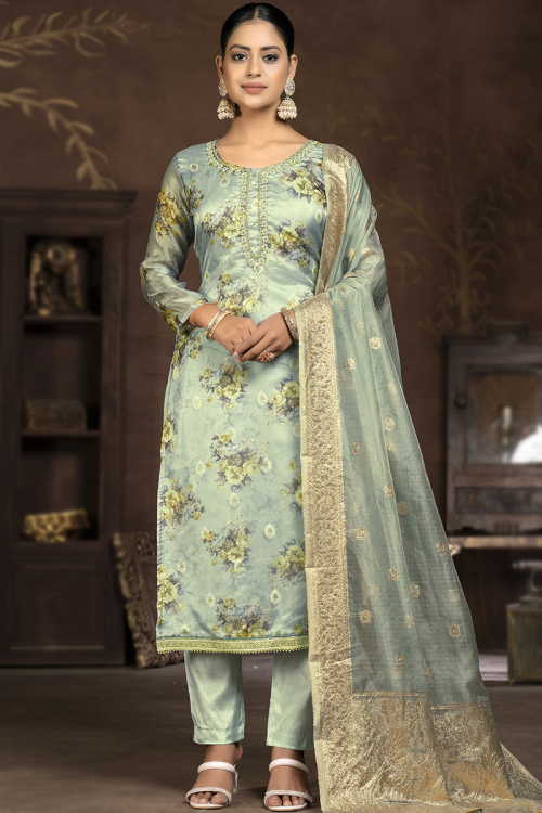 Pistachio Green Organza Floral Print Trouser Suit For Mehndi 