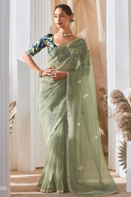 Pistachio Green Organza Saree with Sequins Work For Mehndi