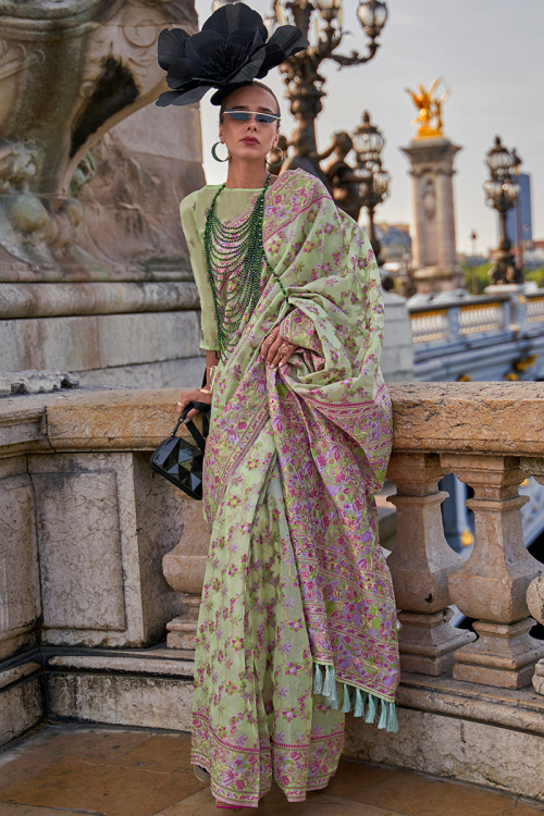 Pistachio Green Organza Weaved Broad Border Saree For Mehndi
