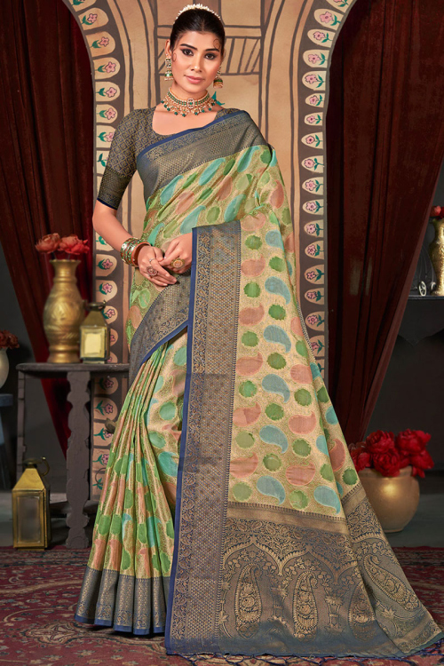 Pistachio Green Woven Organza Saree for Wedding 