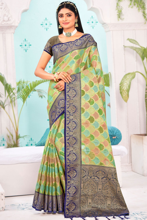Pistachio Green Organza Saree With Navy Blue Blouse