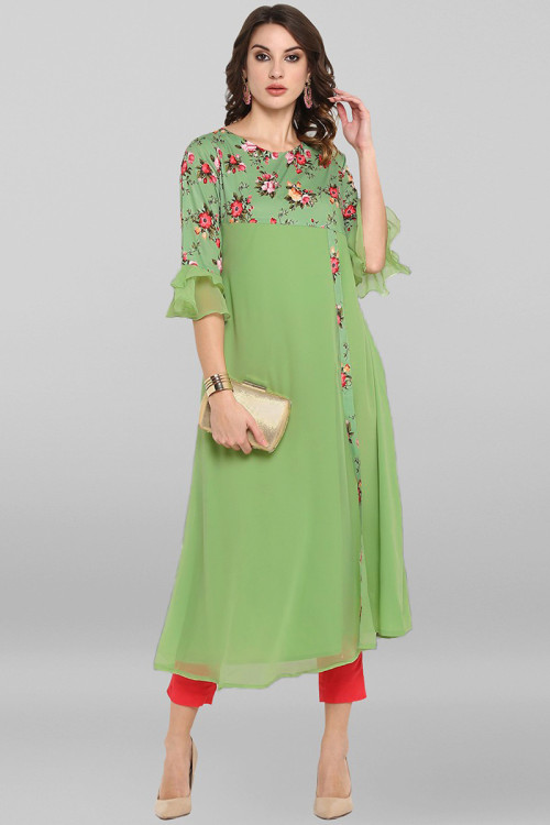 Pistachio Green Poly Crepe Kurti for Casual Wear with Printed