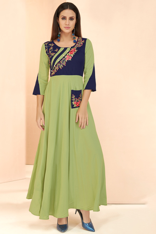 Pistachio Green Rayon Embroidered Kurti 