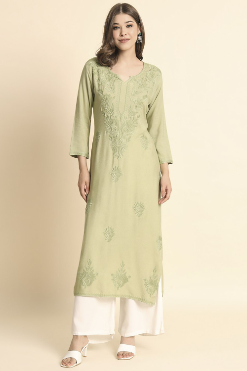 Pistachio Green Rayon Embroidered Ready Made Straight Cut Casual Wear Kurti
