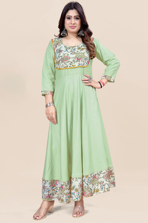 Pistachio Green Rayon Printed Casual Wear Ready Made Kurti