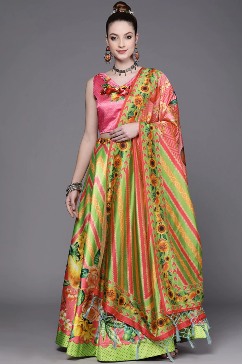 Pistachio Green Satin Printed A Line Lehenga 