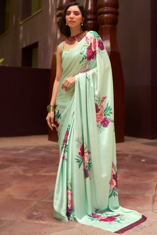 White And Taffy Pink Floral Pattern Digital Print Organza Satin Saree –  Fabcurate