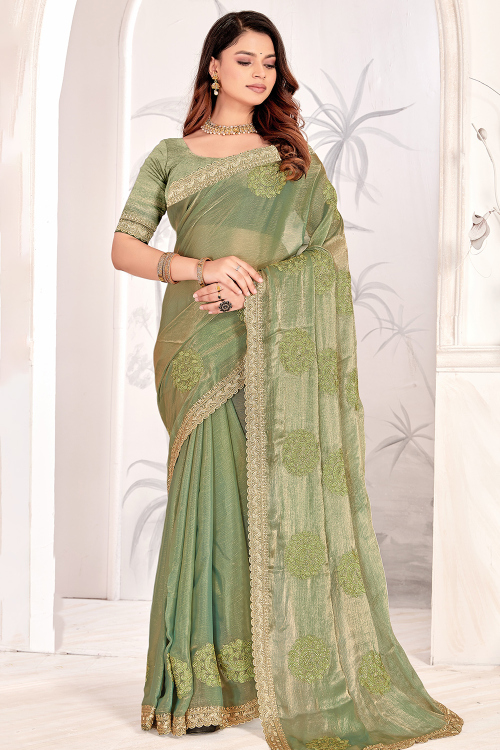 Pistachio Green Shimmer Chiffon Saree With Zari Work