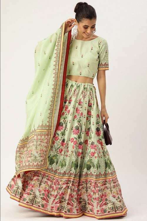 Pistachio Green Silk A-Line Printed Lehenga