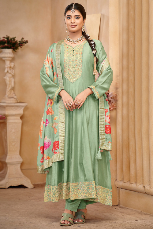 Pistachio Green Art Silk Embroidered A Line Trouser Suit