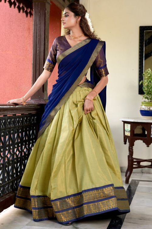 Pistachio Green Silk Blend Lehenga with Weaved Work for Diwali