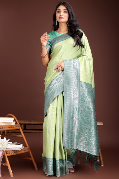 Pistachio Green Silk Blend Saree with Zari Work for Diwali
