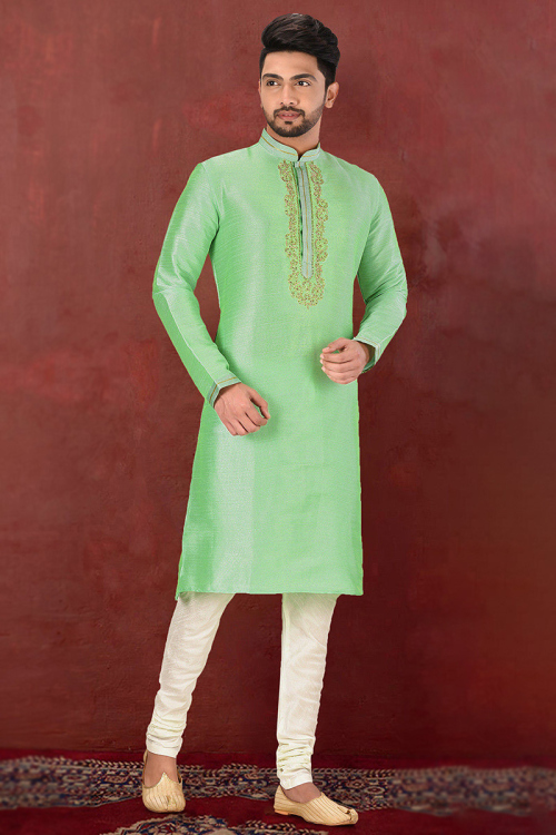 Pistachio Green Silk Embroidered Men's Churidar Kurta 