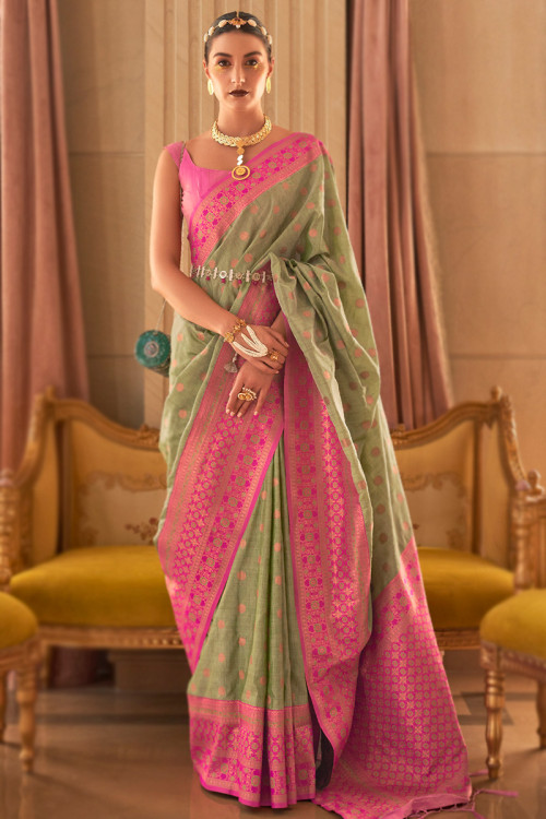 Pistachio Green Silk Handloom Weaved Zari Saree 