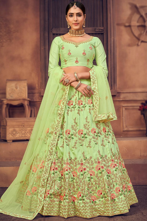 Pistachio Green Taffeta Silk Embroidered Lehenga