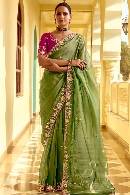 Pistachio Green Tissue Silk Embroidered Light Weight Saree