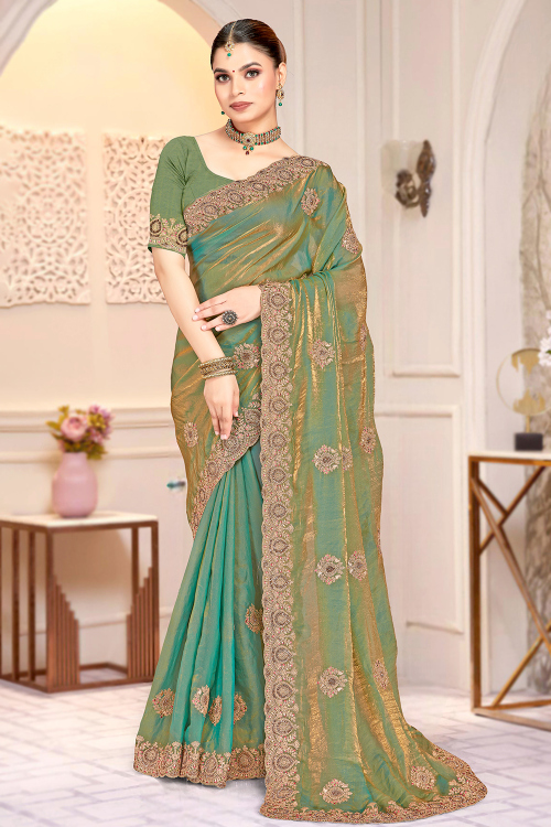 Pistachio Green Tissue Silk Shimmer Saree With Stone Work For Festival