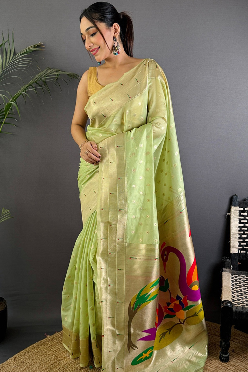 Pistachio Green Tissue Weaved Paithani Saree