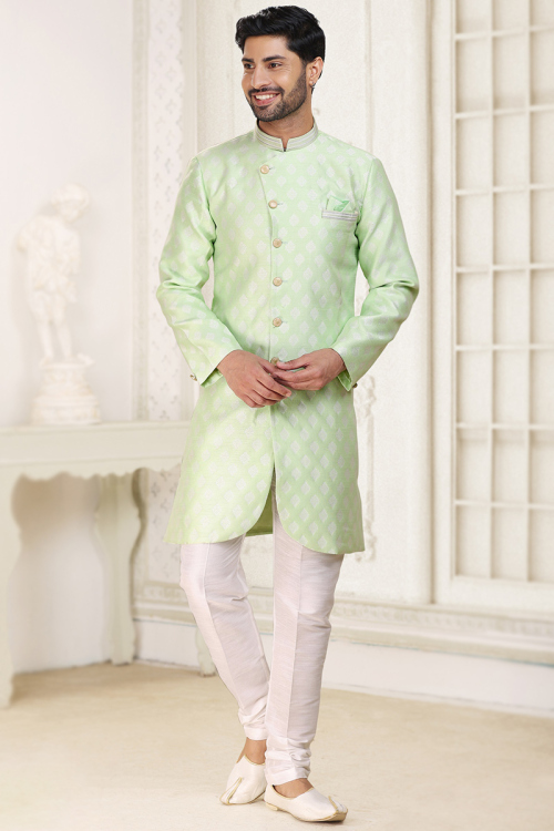 Pistachio Green Traditional Men's Woven Zari Sherwani 
