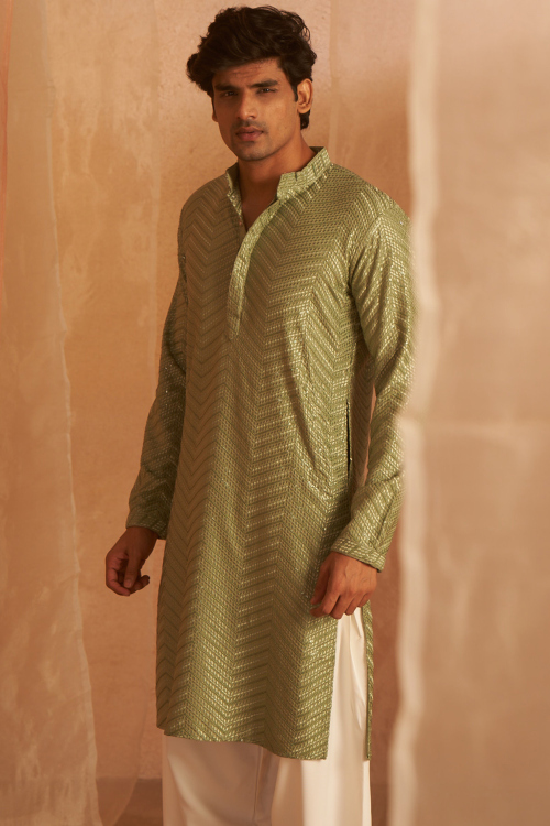 Pistachio Green Viscose Kurta Pajama with Sequins for Diwali