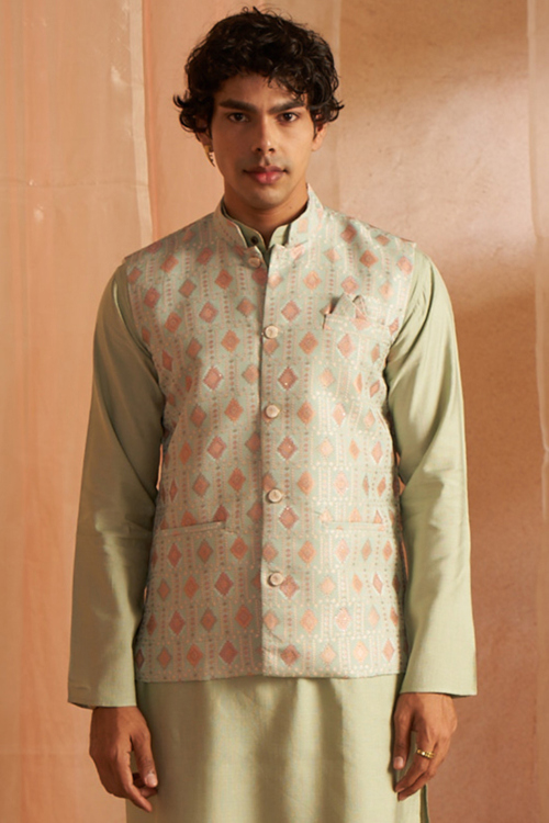 Pistachio Green Viscose Weaved Men's Waist Coat For Festival