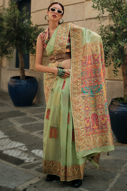 Pistachio Green Weaved Kora Silk Traditional Broad Border Saree
