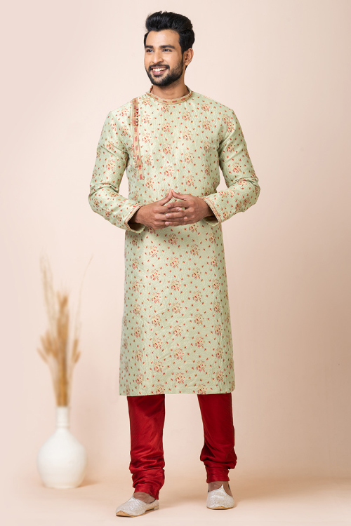 Pistachio Green Weaved Zari Silk Men's Kurta With Churidar For Mehndi