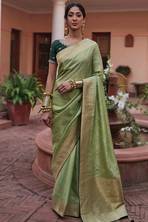 Pistachio Green Weaved Zari Viscose Traditional Saree For Mehndi 