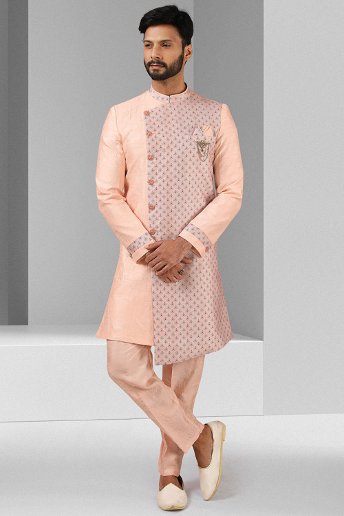 Plain And Printed Art Silk Salmon Peach Men's Sherwani