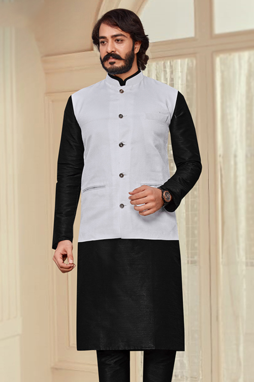 Plain Art Silk Black Jacket Style Men's Kurta
