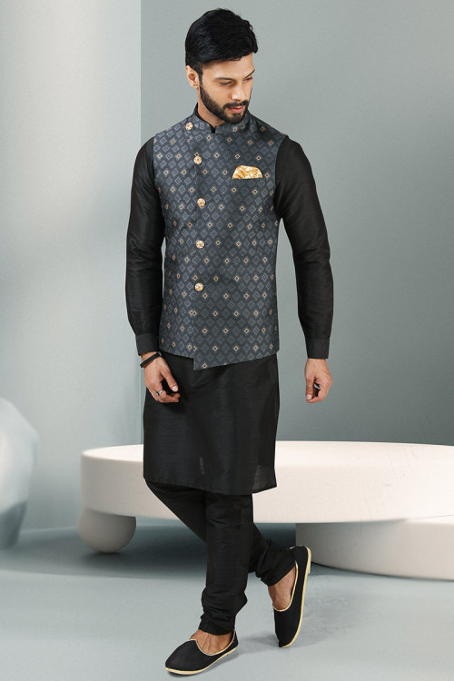 Buy Jacket Style Black Traditional Kurta Pajama Online for Men in USA