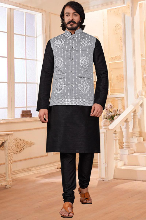 Party Wear Resham Work Men Kurta Pajama in Jacquard Light Blue