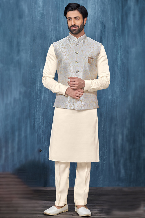 Plain Art Silk Cream Beige Jacket Style Men's Kurta Pajama 