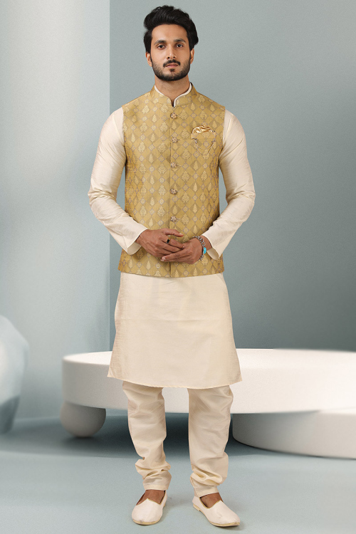 Light Beige Jacket Style Wedding Wear Men Kurta Pajama in Art Silk