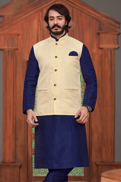 Plain Art Silk Navy Blue Jacket Style Men's Kurta