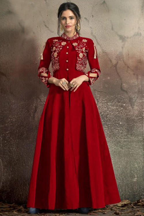 Embroidered Art Silk Red Anarkali Suit