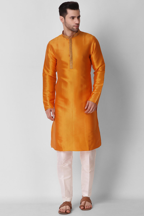 Plain Art Silk Turmeric Yellow Men Kurta Pajama